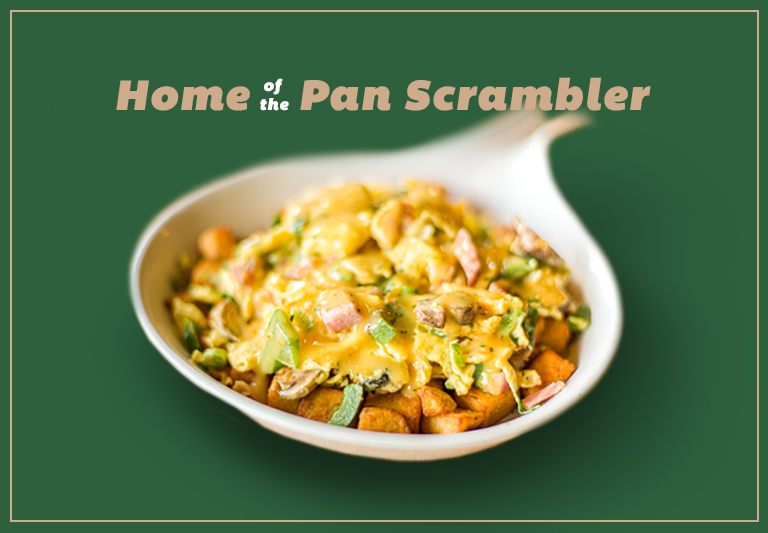 Photo of Pan Scrambler with text Home of the Pan Scrambler at the top